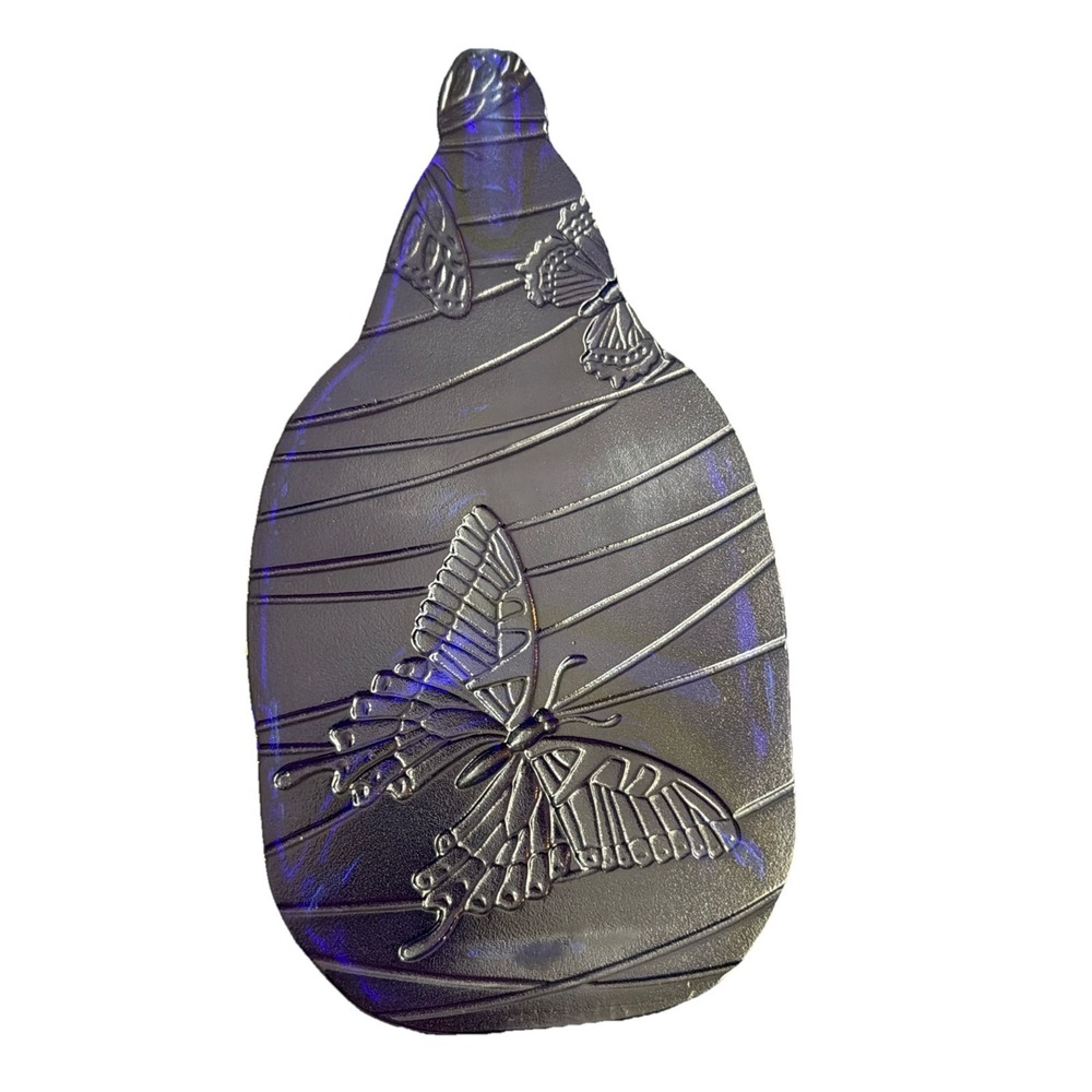 Vtg Kiln-Slumped Glass‎ Bottle Cheese Tray Embossed Butterfly Blue 12" Upcycle